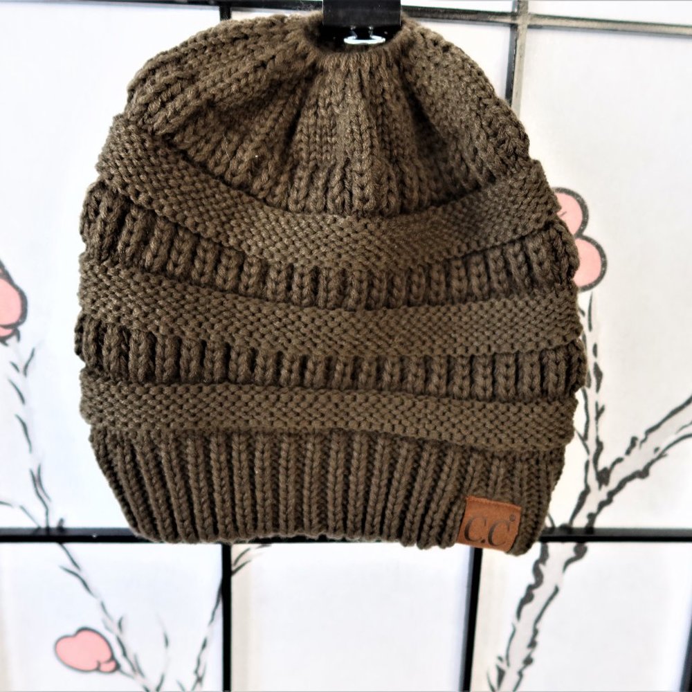 Dark Green C.C Cable Knit Messy Bun Ponytail Beanie